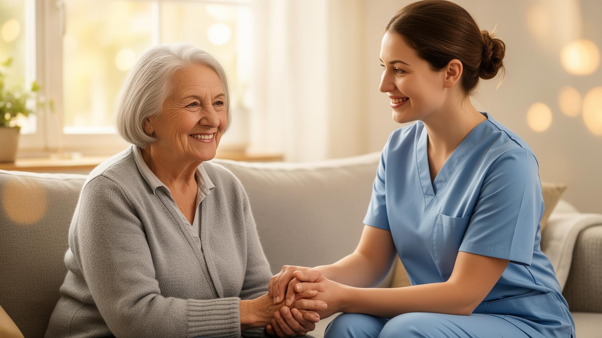 Seniorin im Gespräch mit einer Pflegekraft